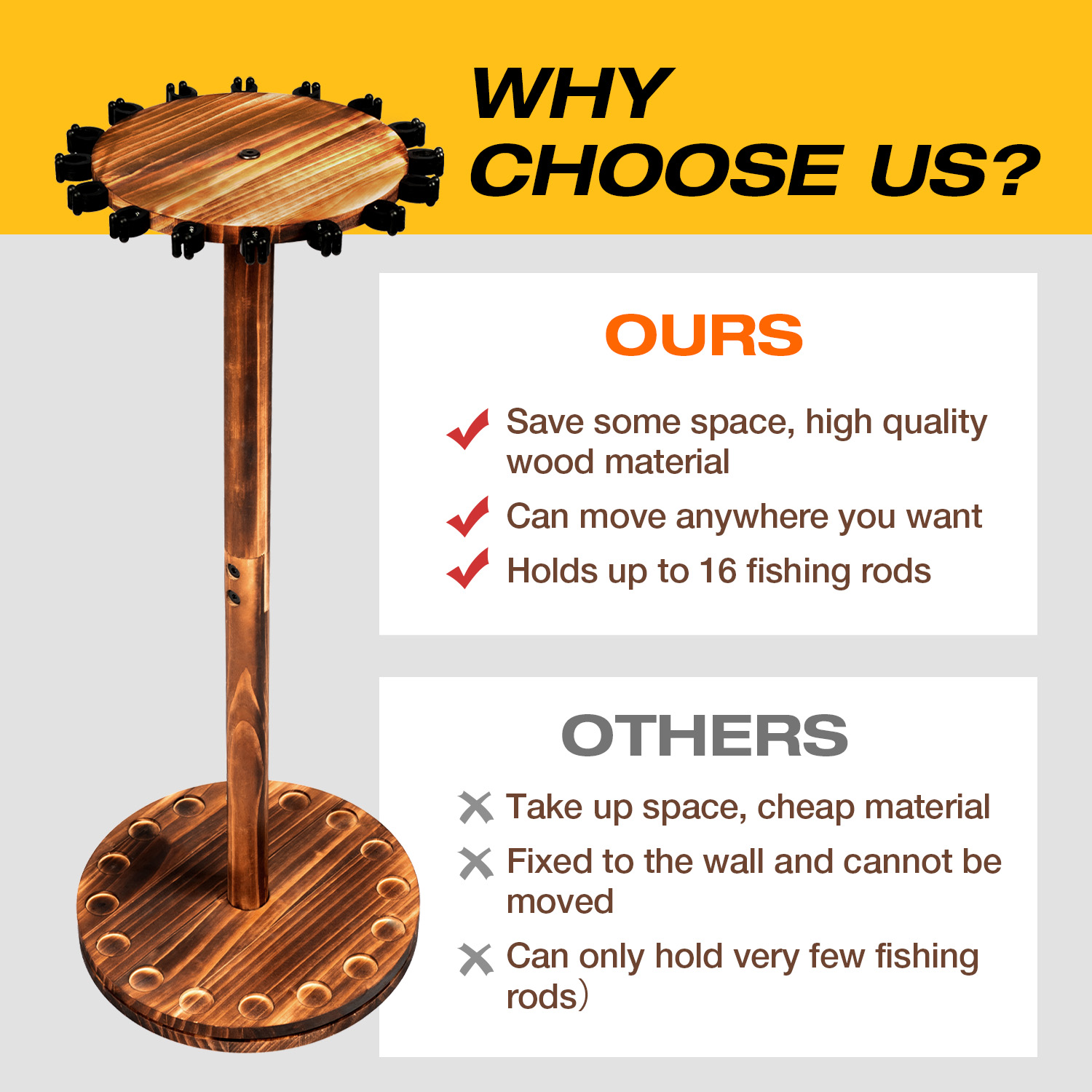 Round Carbonized Wood Fishing  - đánh giá và giá Fishing Rod Rack