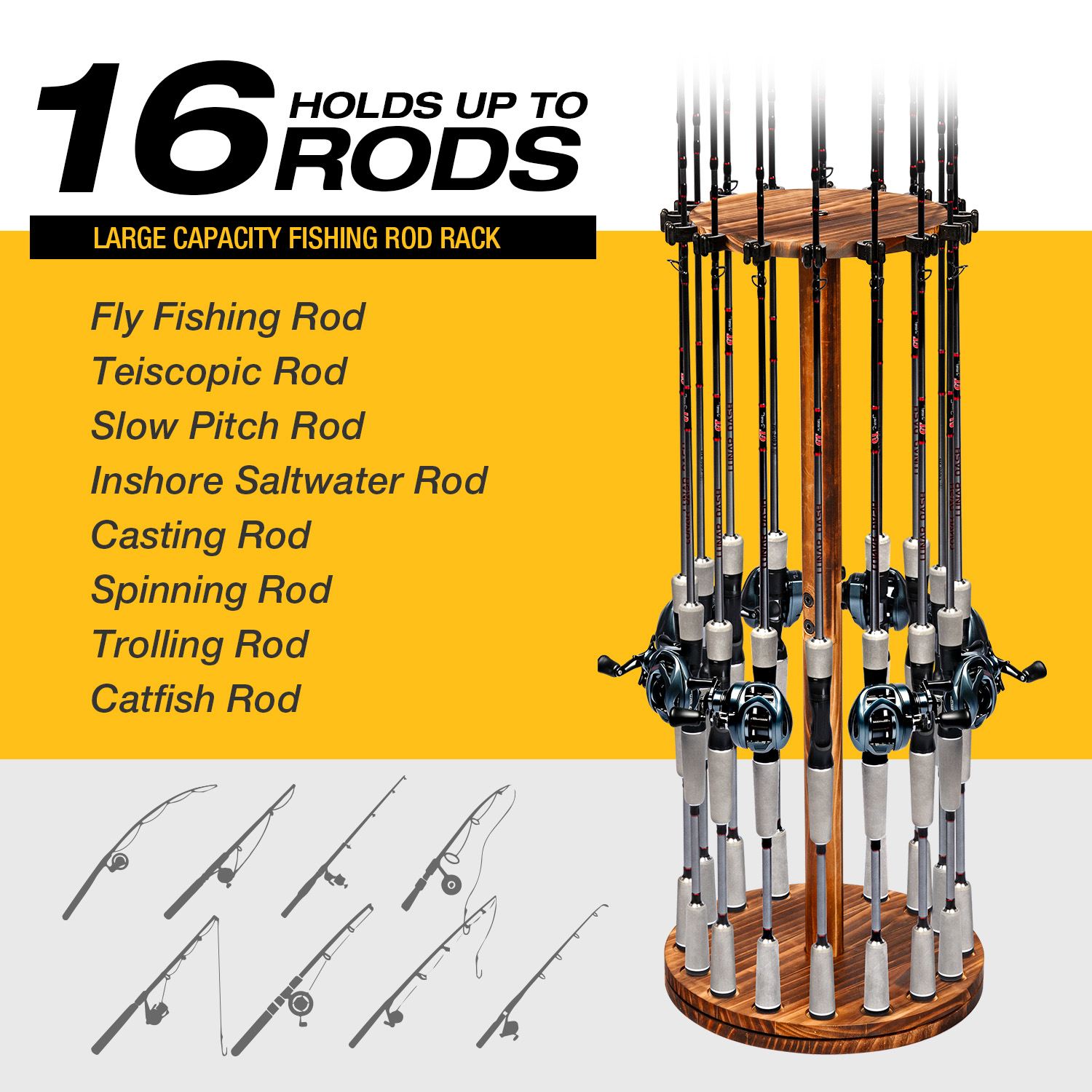 Round Carbonized Wood Fishing  - đánh giá và giá Fishing Rod Rack